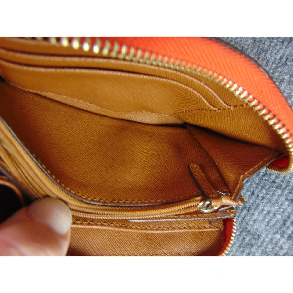 Michael Kors Orange White Stripe Zip Around Wristlet Wallet Clutch Gold Hardware - Picture 12 of 15